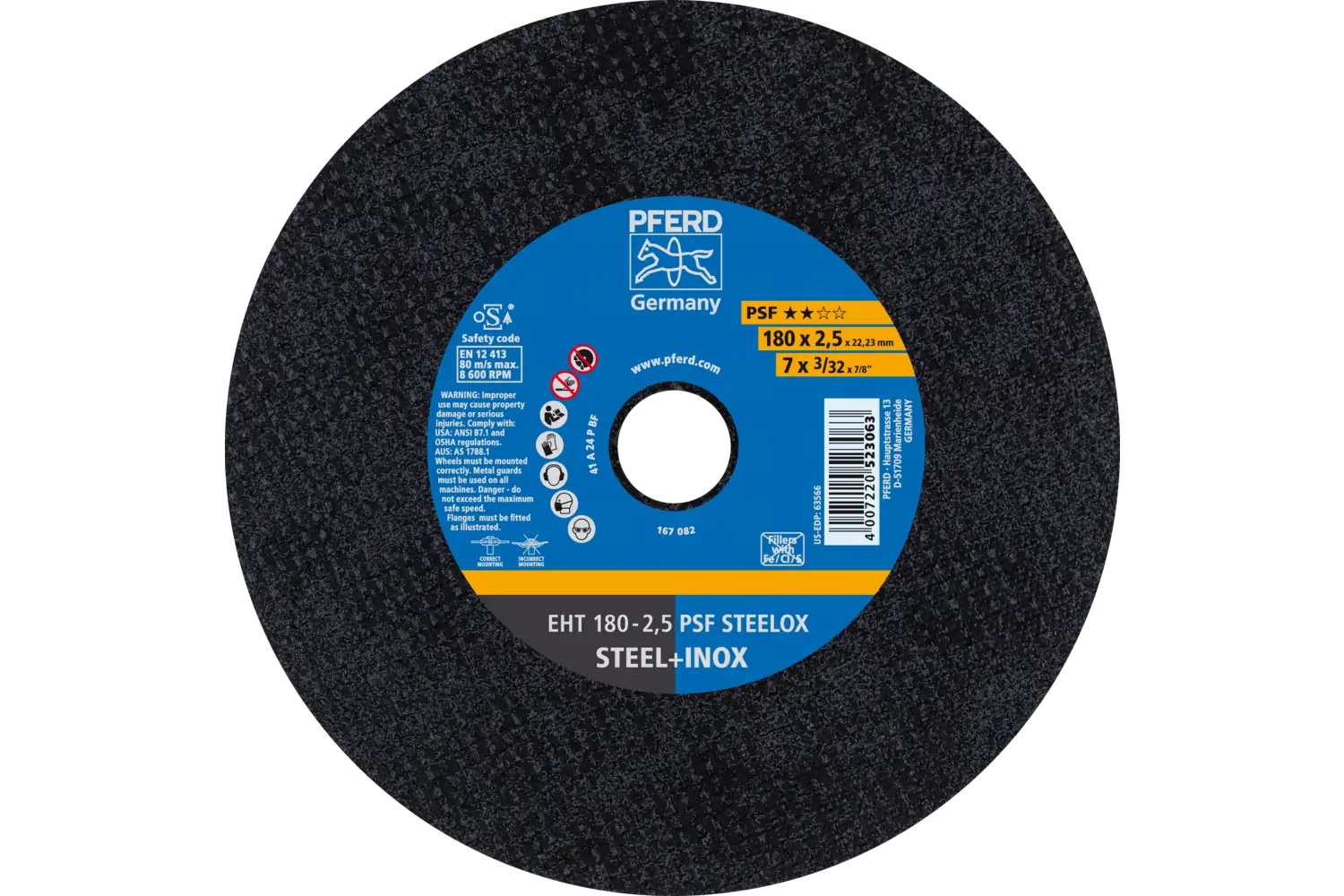 Picture of Pferd Cut-Off Wheel, 7" X 3/32 X 7/8, Psf Steelox, T1, Aluminum Oxide